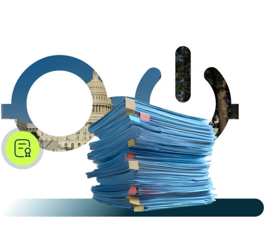 Stack of papers, Nerdio glasses with photo of government building inlay