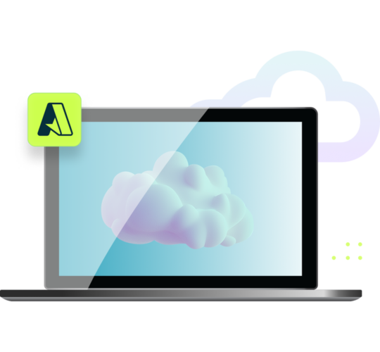 white cloud on laptop screen, Microsoft Azure Virtual Desktop logo in green square, blue cloud