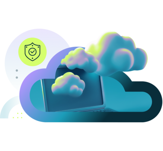 Navy and purple cloud outline with laptop inlay, blue and green clouds coming out of laptop, green circle with shield icon