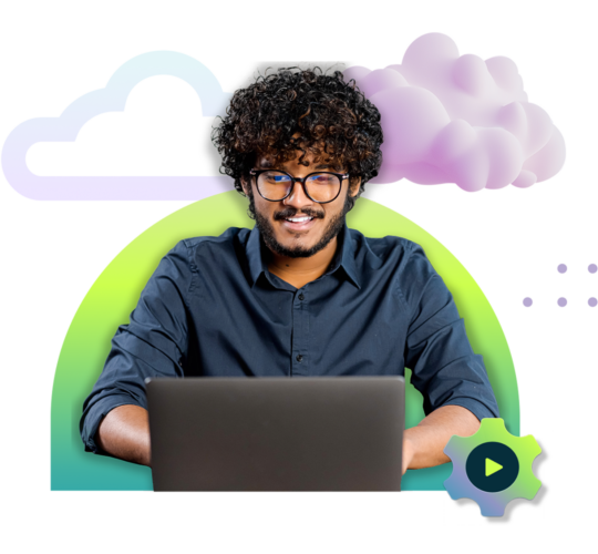 Man with glasses working on a laptop, purple clouds, green and purple gear icon