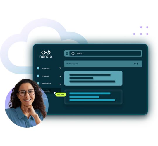 Nerdio dashboard, blue and purple cloud outline, circular image of woman with glasses