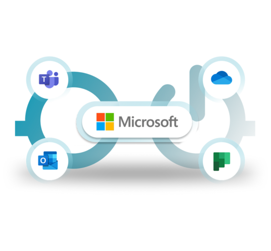 blue Nerdio glasses, Microsoft logo, Microsoft Teams logo, Microsoft Outlook logo, Microsoft OneDrive logo, Microsoft Links logo