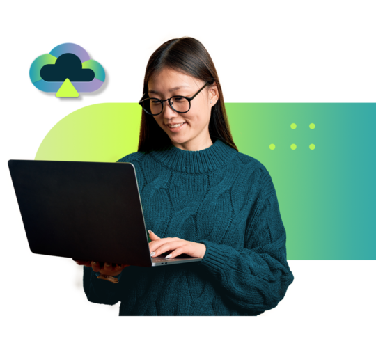 Woman in glasses working on laptop, green and blue background, blue, purple, and green cloud icon