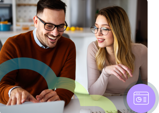 Man and woman with glasses looking at laptop, blue and green cloud outline, purple circle with dashboard icon