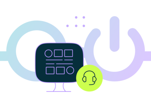 blue and purple Nerdio logo, headphones icon in green circle, app icons in display monitor