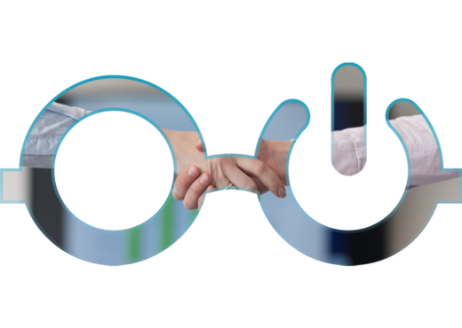 Nerdio logo outline with photograph of handshake in glasses shape