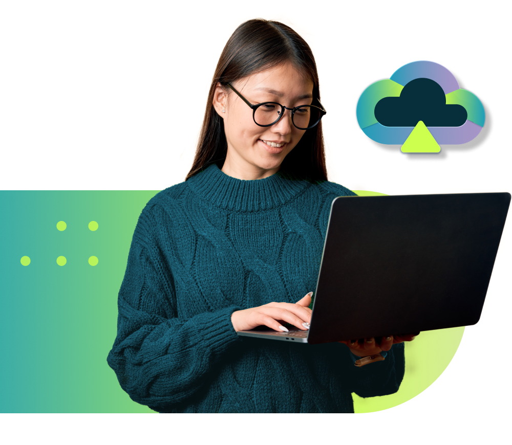 girl on laptop with a cloud image in background