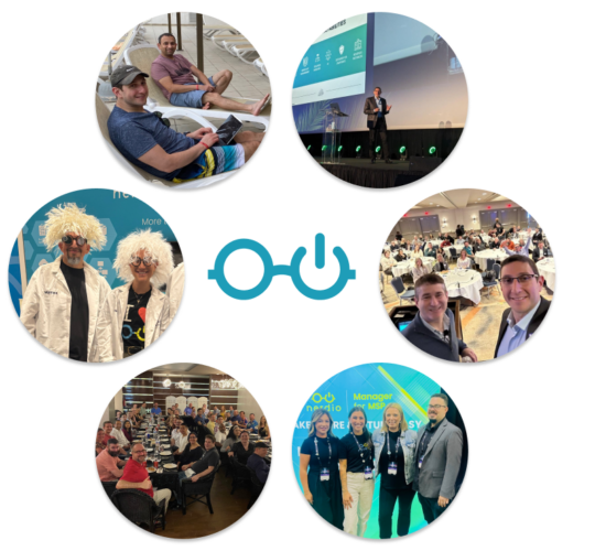 Six circles filled with photos of Nerdio team, blue Nerdio glasses