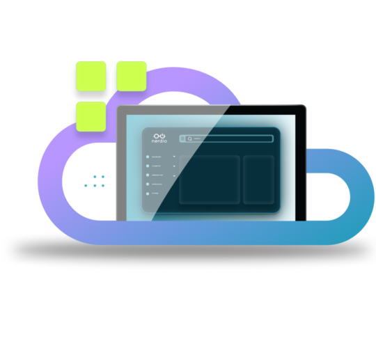 Nerdio dashboard on tablet screen inside purple and blue cloud