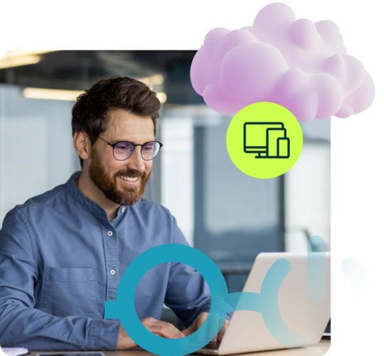 man with glasses working on laptop with purple cloud, Nerdio logo, and computer icon