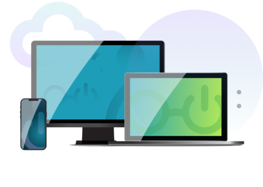 Nerdio glasses logo on cellphone, desktop monitor, and laptop