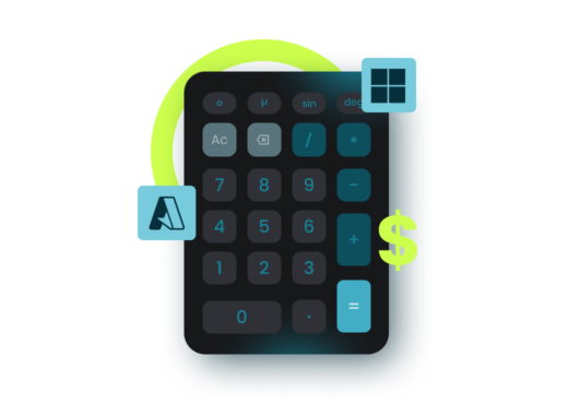 Navy calculator with green dollar sign, Microsoft Azure logo in blue square, Microsoft logo in blue square