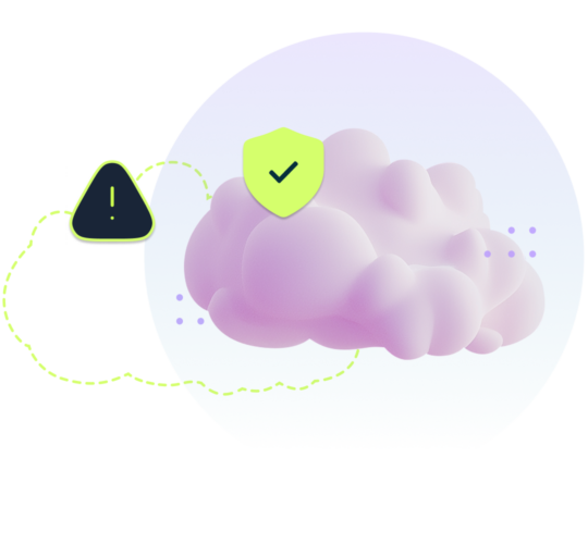 purple cloud with green check mark, green cloud outline with caution triangle