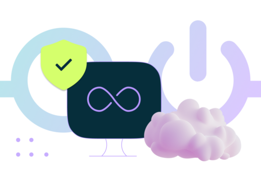 infinity symbol on display monitor, blue and purple Nerdio logo, purple cloud, check mark in green shield icon