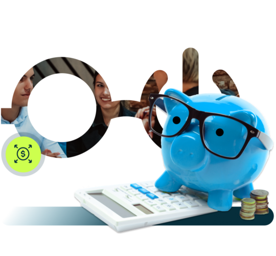 Blue pig with black glasses standing on white calculator, photo of people working inlayed in Nerdio glasses outline, green circle with dollar sign icon