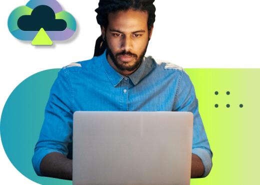 Man working on laptop, green and blue gradient background, blue, green, and purple cloud icon