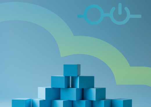 Stack of blue boxes, green cloud background, blue Nerdio glasses
