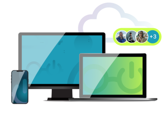 Nerdio glasses logos on cellphone, desktop monitor, laptop, purple cloud outline, three circles with account avatars, fourth circle with +3