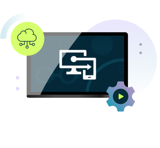 tablet display with connected desktop and cellphone icon, purple and blue gear icon with play button, green circle with cloud icon